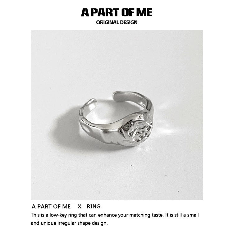 A unique silver A PART OF ME self-love ring for women with an irregular shape design