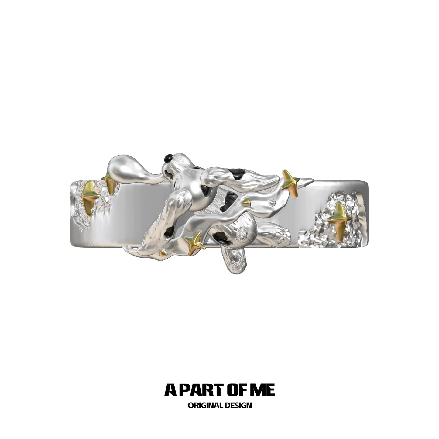 A PART OF ME unique silver sleepy cat dog ring featuring intricate design and gold star accents