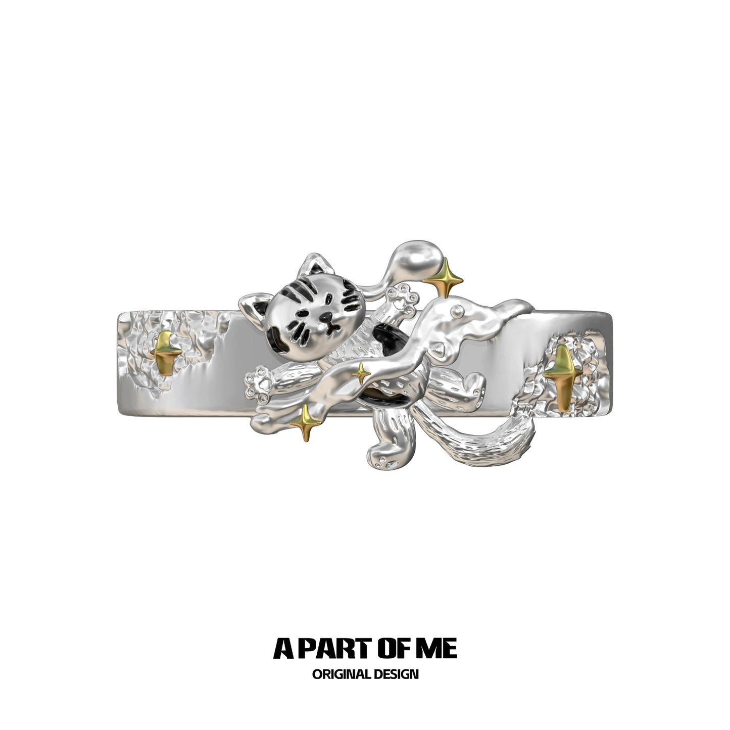 A silver sleepy cat dog ring from A PART OF ME featuring playful design with stars