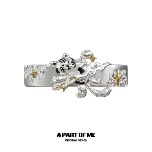A silver sleepy cat dog ring from A PART OF ME featuring playful design with stars