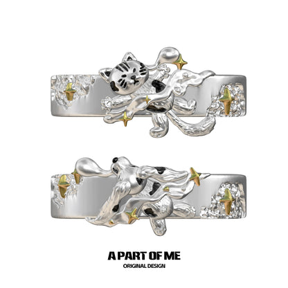A PART OF ME Sleepy Cat Dog Ring with Detailed Animal Design and Star Accents