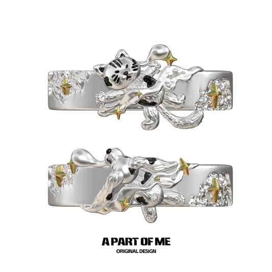 A PART OF ME Sleepy Cat Dog Ring with Detailed Animal Design and Star Accents