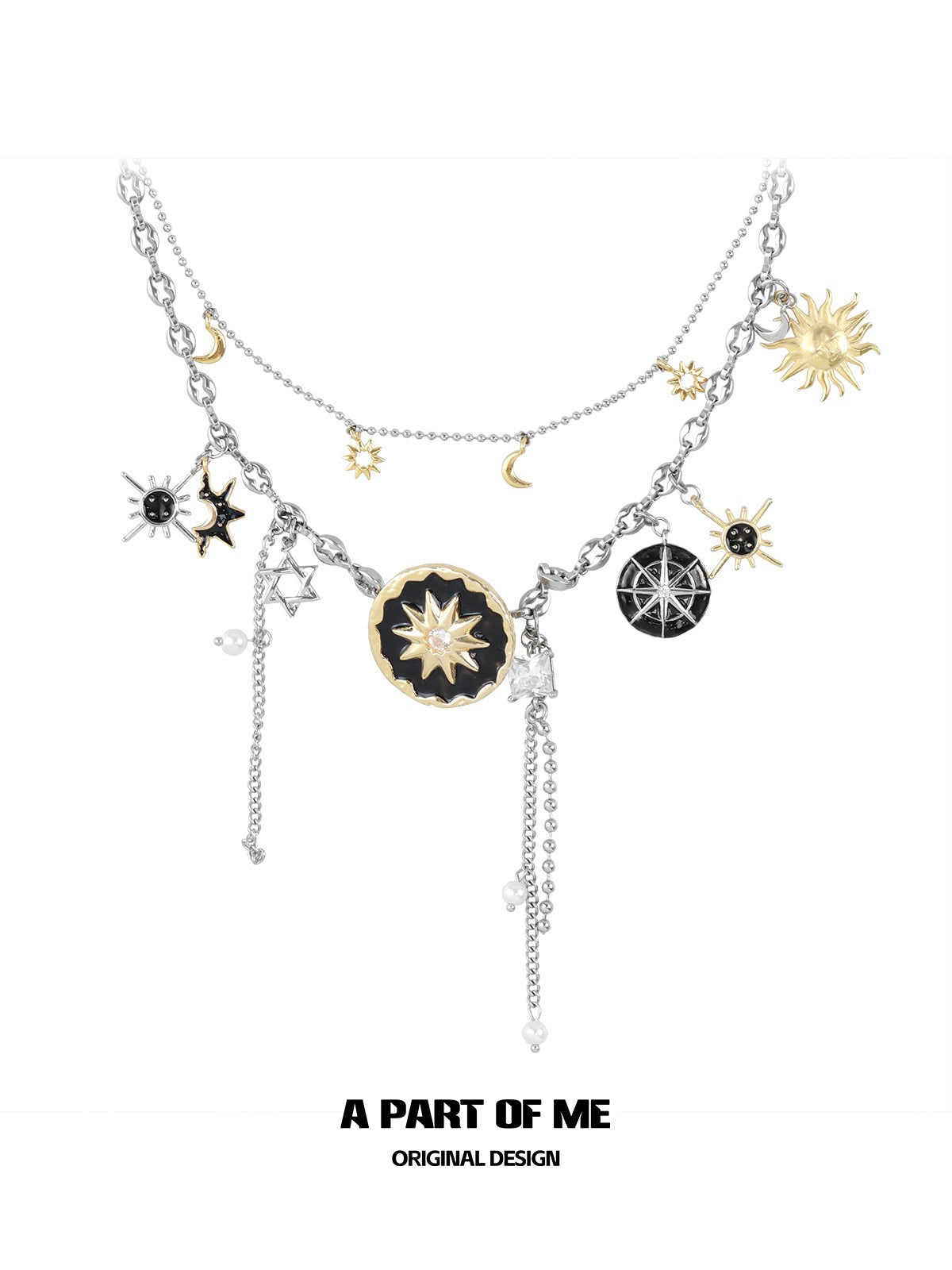 A PART OF ME sun and moon necklace featuring celestial charms and a layered design in silver and gold