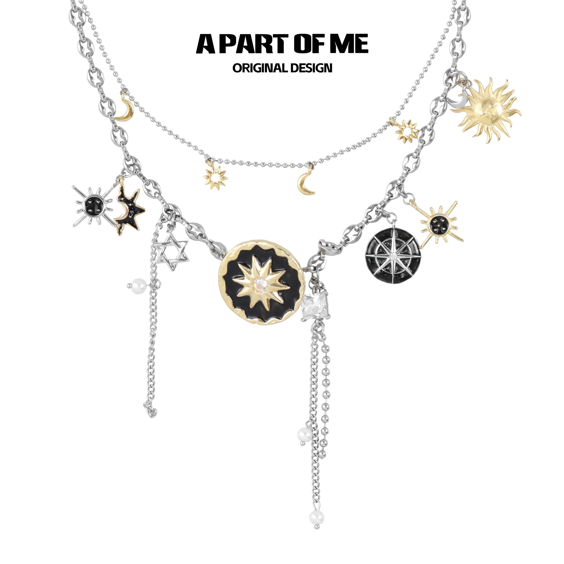 Silver sun and moon necklace featuring intricate celestial charms and a layered design