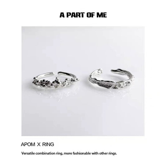 A PART OF ME surf texture couple rings in silver with stylish floral and wave designs