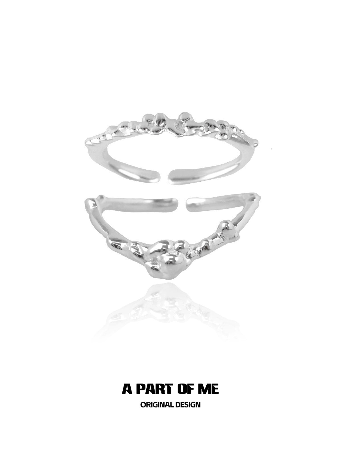 Unique silver textured ring featuring an organic design and open adjustable band