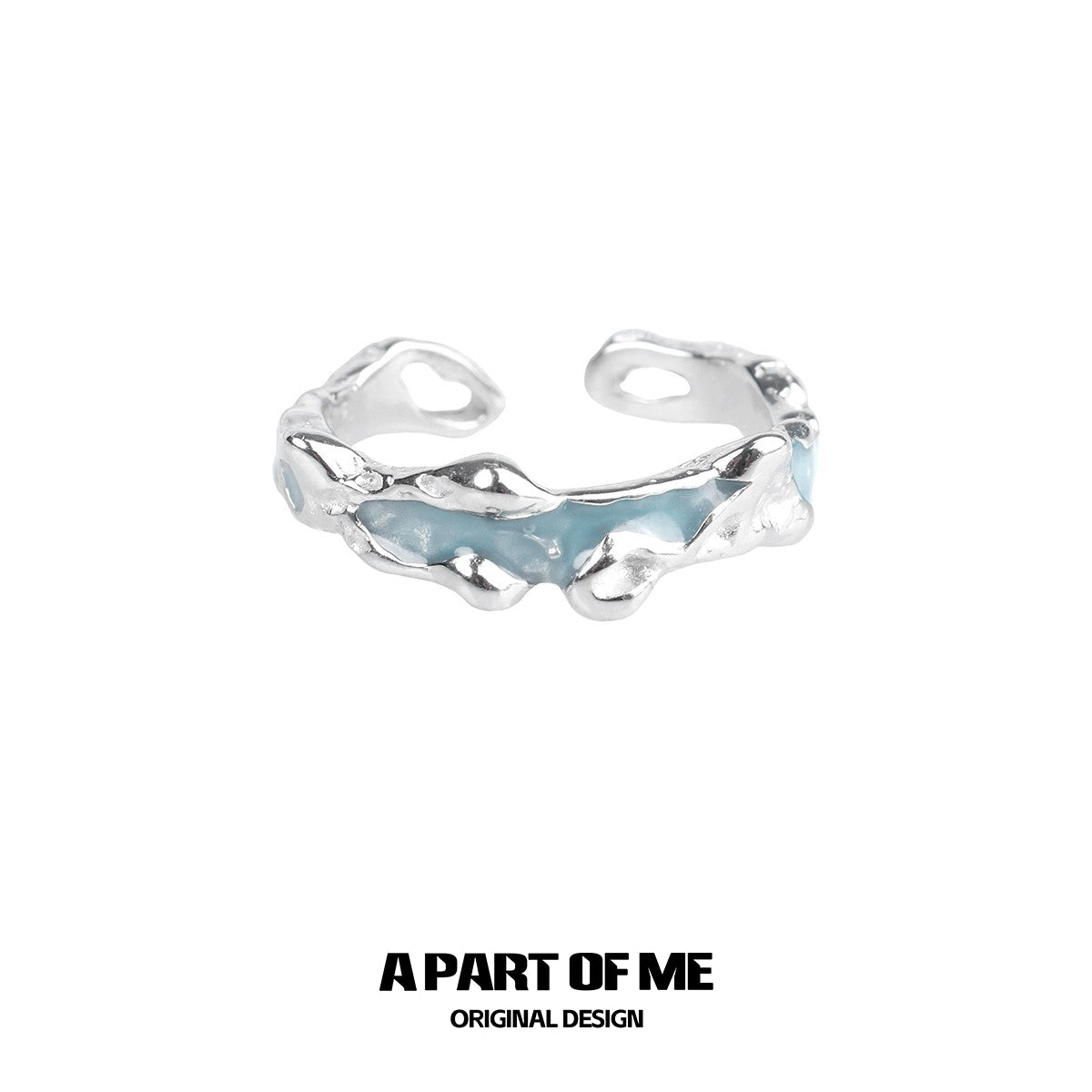 A PART OF ME white orchid love ring in silver with a unique twisted design and blue accents
