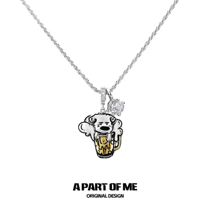 Cute silver working puppy necklace featuring a dog with a beer mug charm
