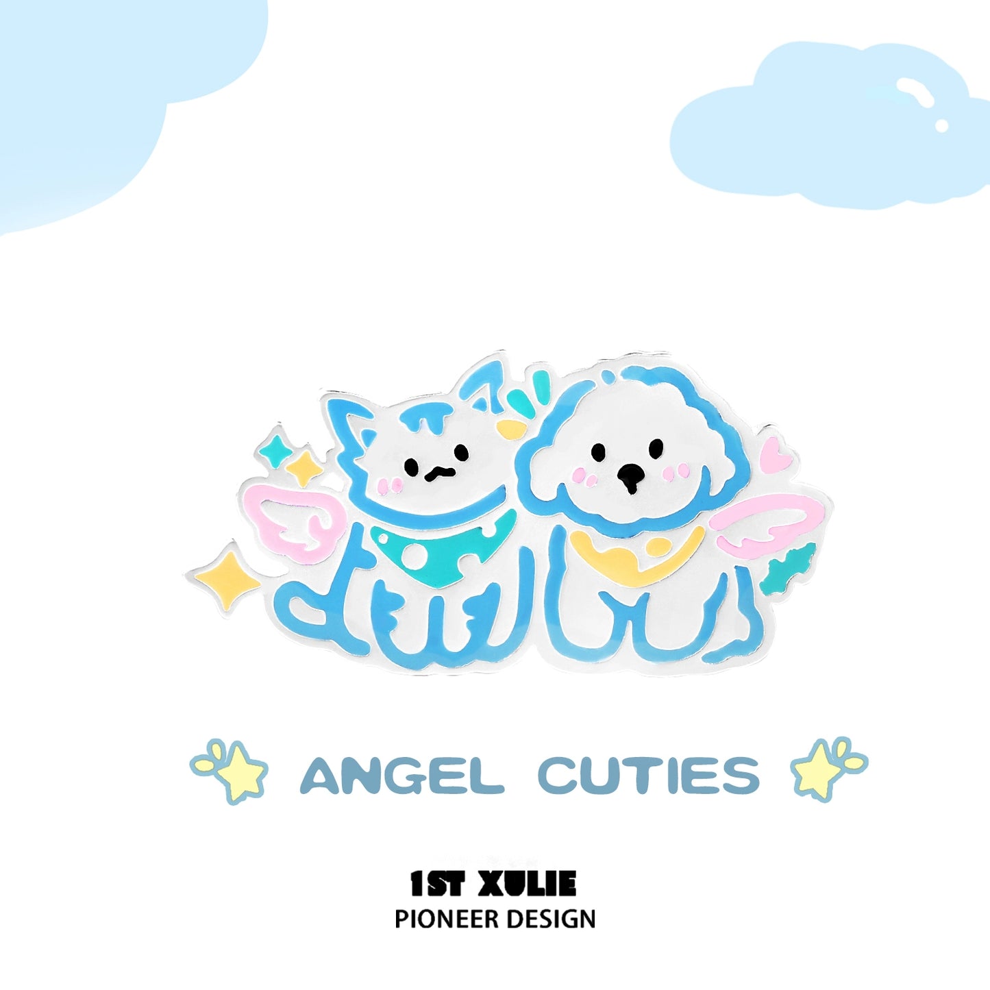 Colorful angel cat and dog brooch featuring cute characters with angel wings and smiles