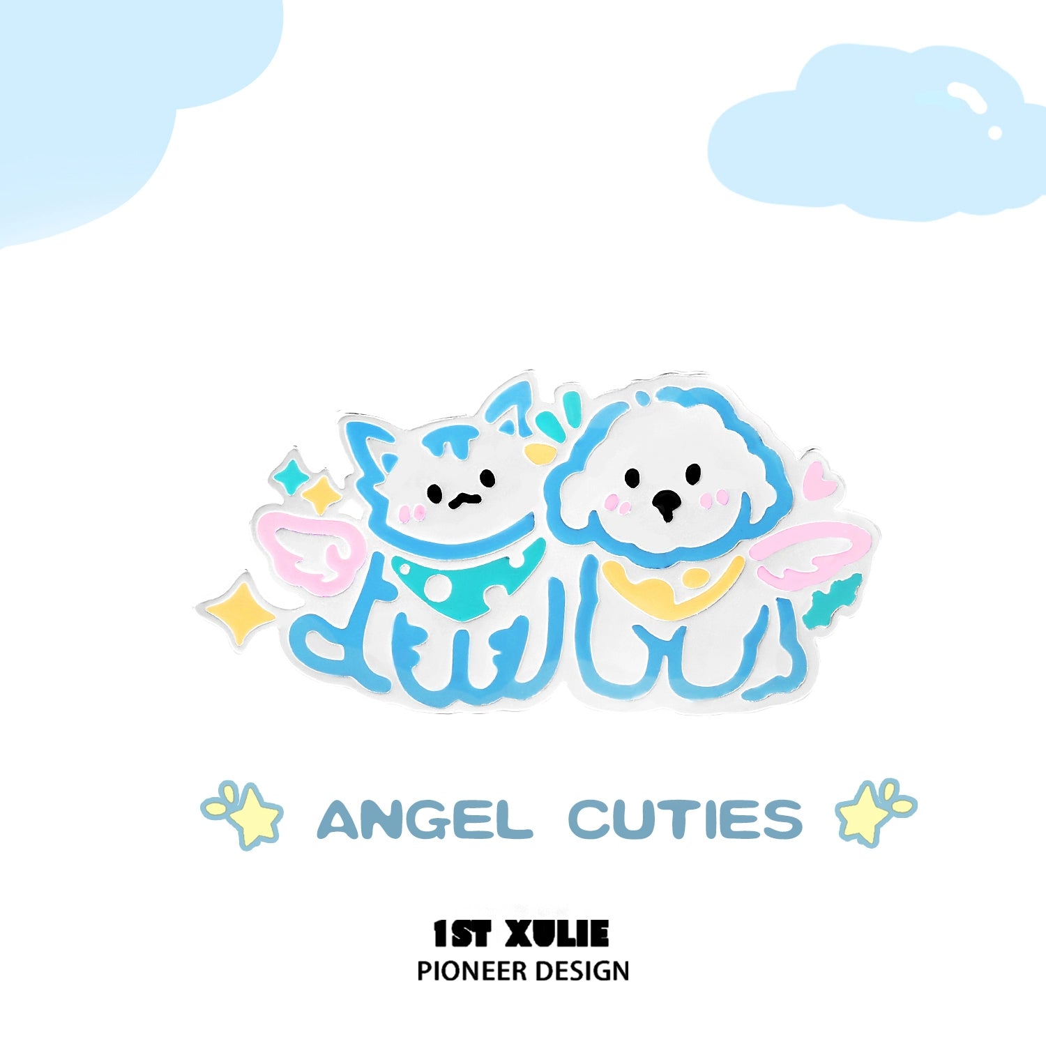 Colorful angel cat and dog brooch featuring cute characters with angel wings and smiles