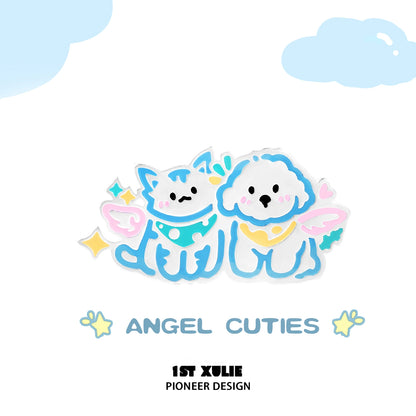 Colorful angel cat and dog brooch featuring cute characters with angel wings and smiles
