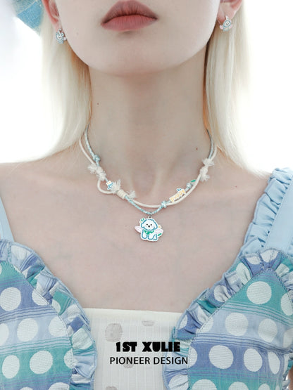 Cute angel cat and puppy necklace featuring colorful charms for a playful accessory look