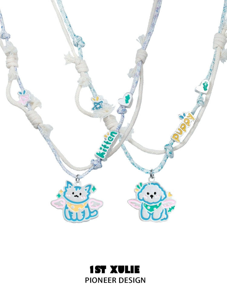 1ST XULIE Angel Cat and Puppy Necklace with Colorful Charms for Cute Animal Lovers