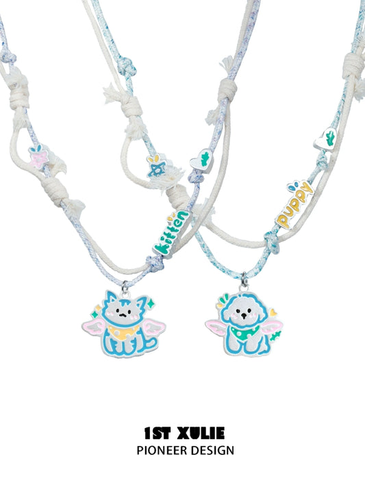 1ST XULIE Angel Cat and Puppy Necklace with Colorful Charms for Cute Animal Lovers