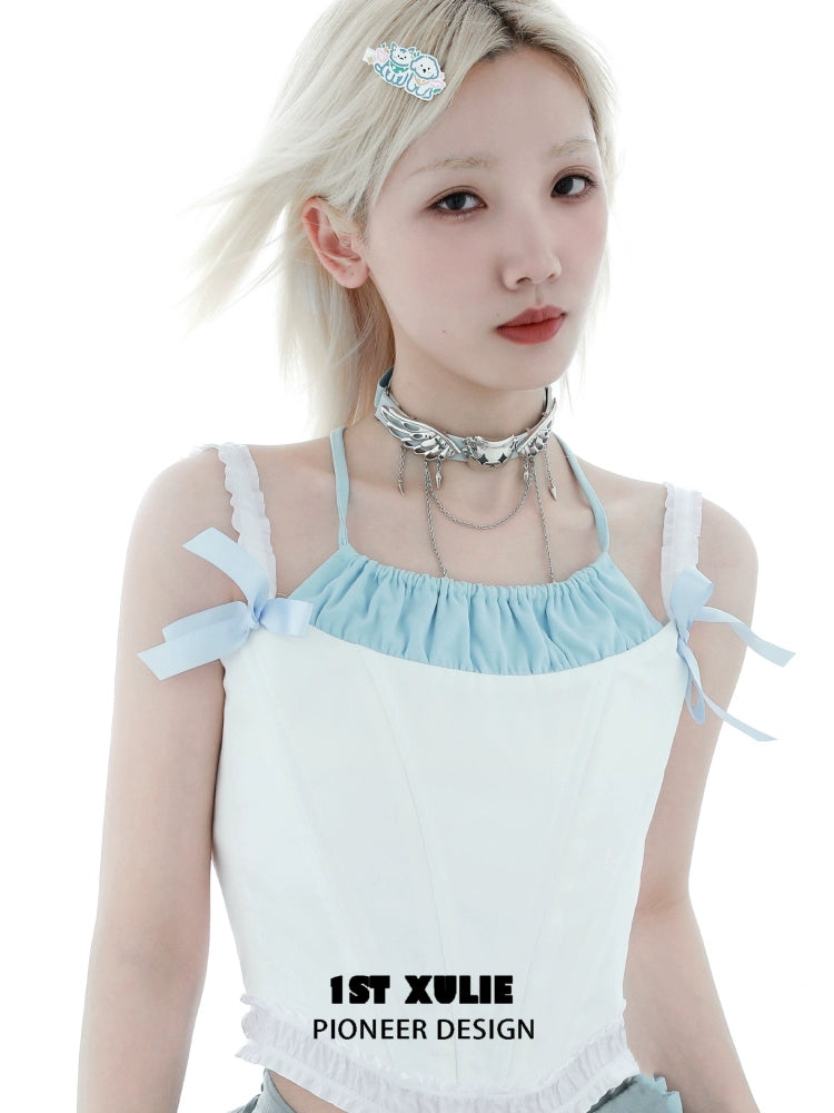 Trendy 1ST XULIE Angel Cat Necklace styled with a light blue crop top and layered accessories