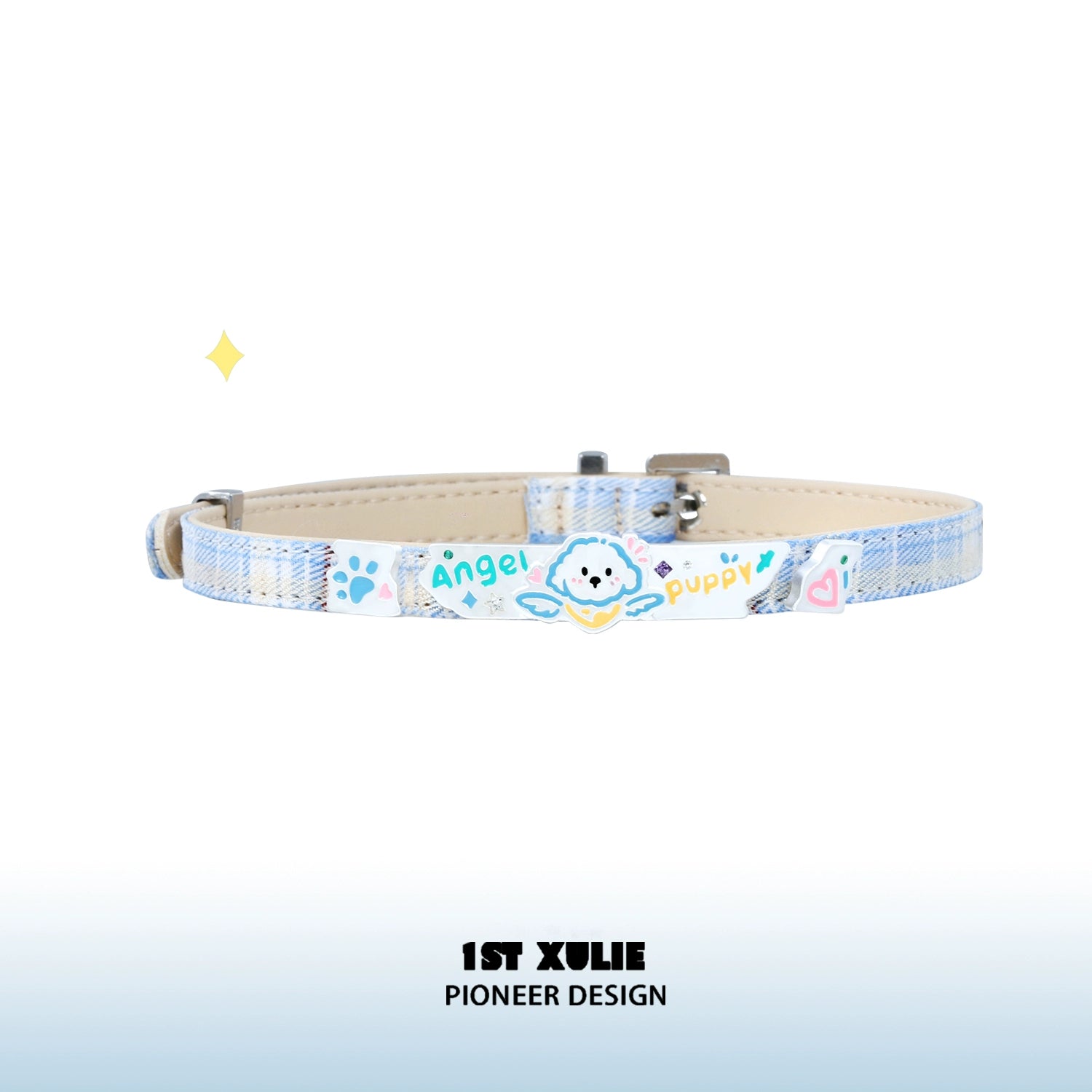 Angel cat puppy necklace design featuring colorful illustrations of an angel and puppy on a light blue collar