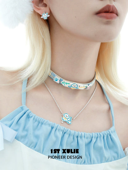 1STXULIE Angel Cat Puppy Necklace in Silver with Cute Cartoon Design for Fashion Lovers