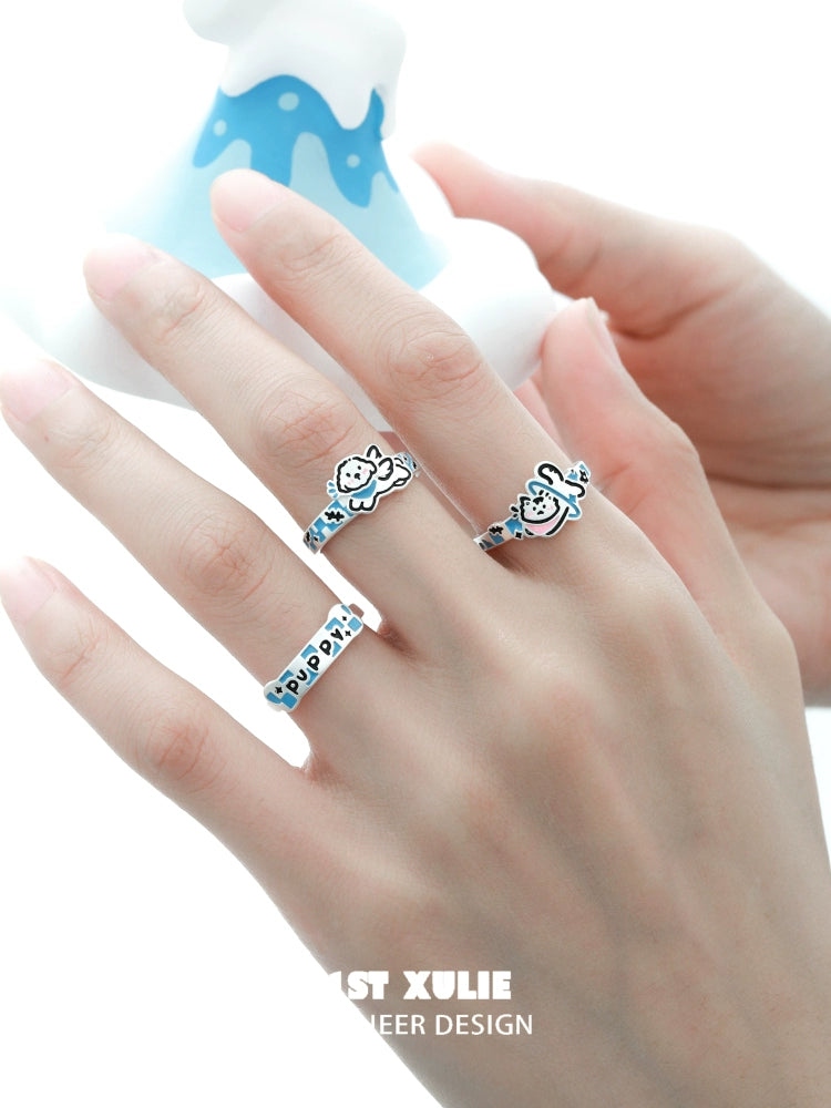 1STXULIE Angel Kitty Puppy Silver Ring Set with Cute Cartoon Designs on Adjustable Bands
