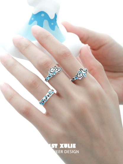 1STXULIE Angel Kitty Puppy Silver Ring Set with Cute Cartoon Designs on Adjustable Bands