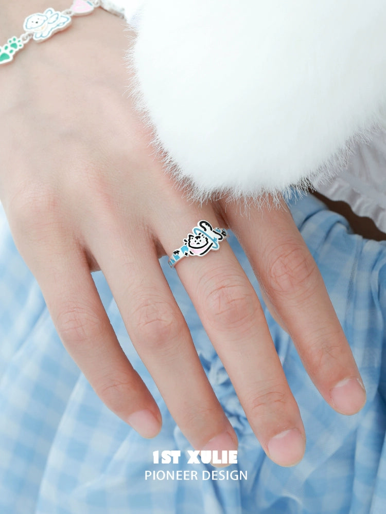Cute silver ring featuring an angel kitty puppy design, perfect for animal lovers and unique jewelry enthusiasts