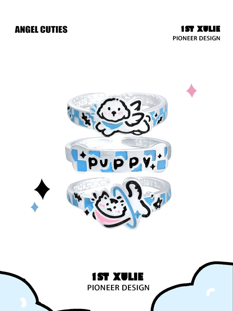 Set of three 1STXULIE angel kitty puppy silver rings featuring cute designs and colorful accents