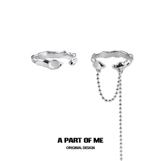 A Part of Me Agate Silver Ring with Unique Wavy Design and Attached Chain Feature