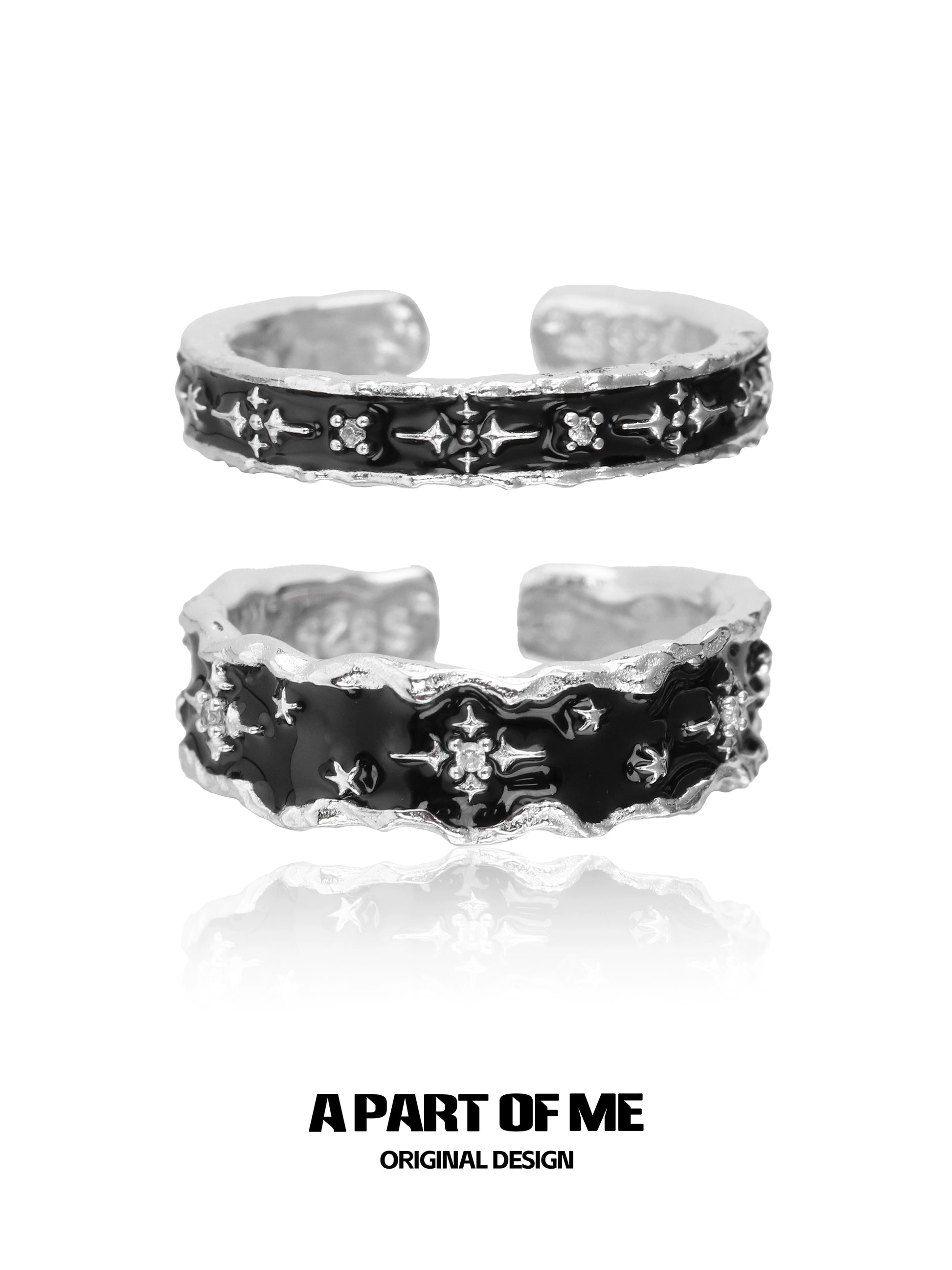 A PART OF ME black star cluster ring featuring a unique silver design with black accents