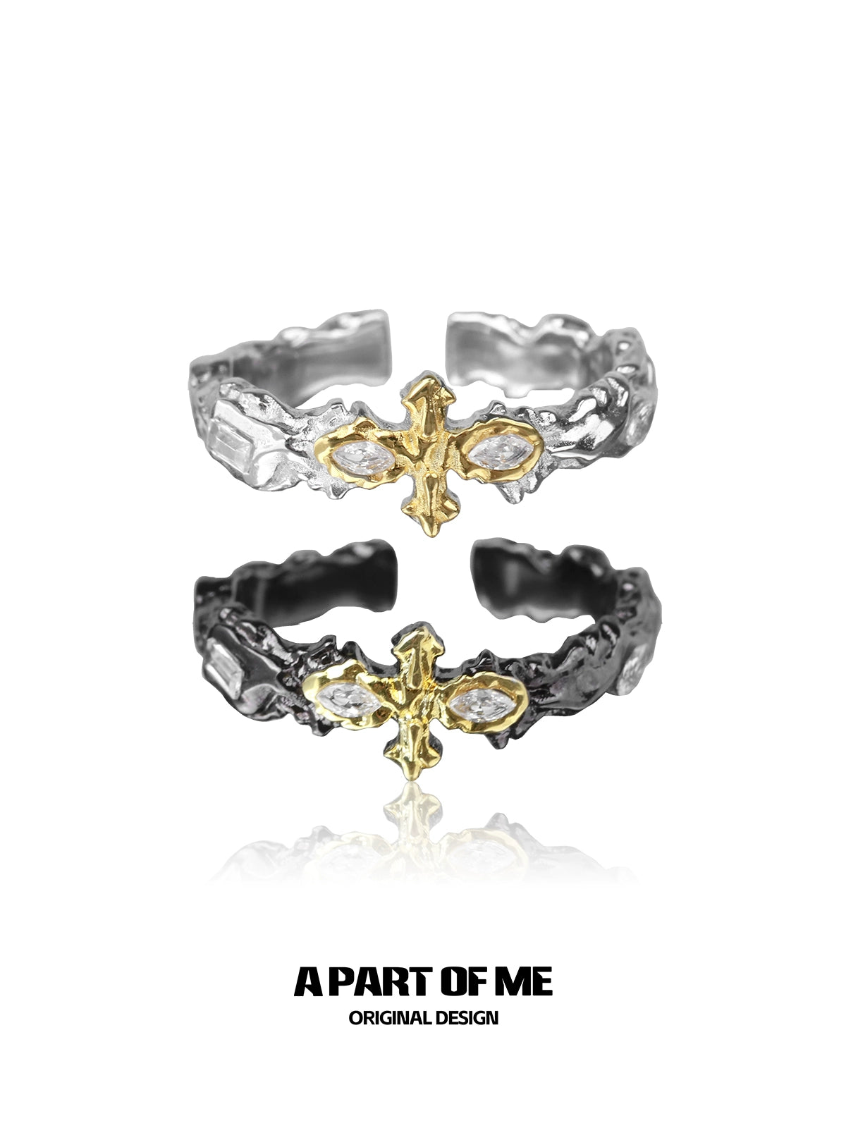 A PART OF ME cross couple rings featuring a unique design with silver and gold finishes