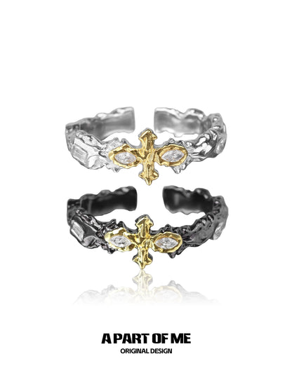 Stylish A PART OF ME cross couple rings with a gold and silver finish featuring unique design elements