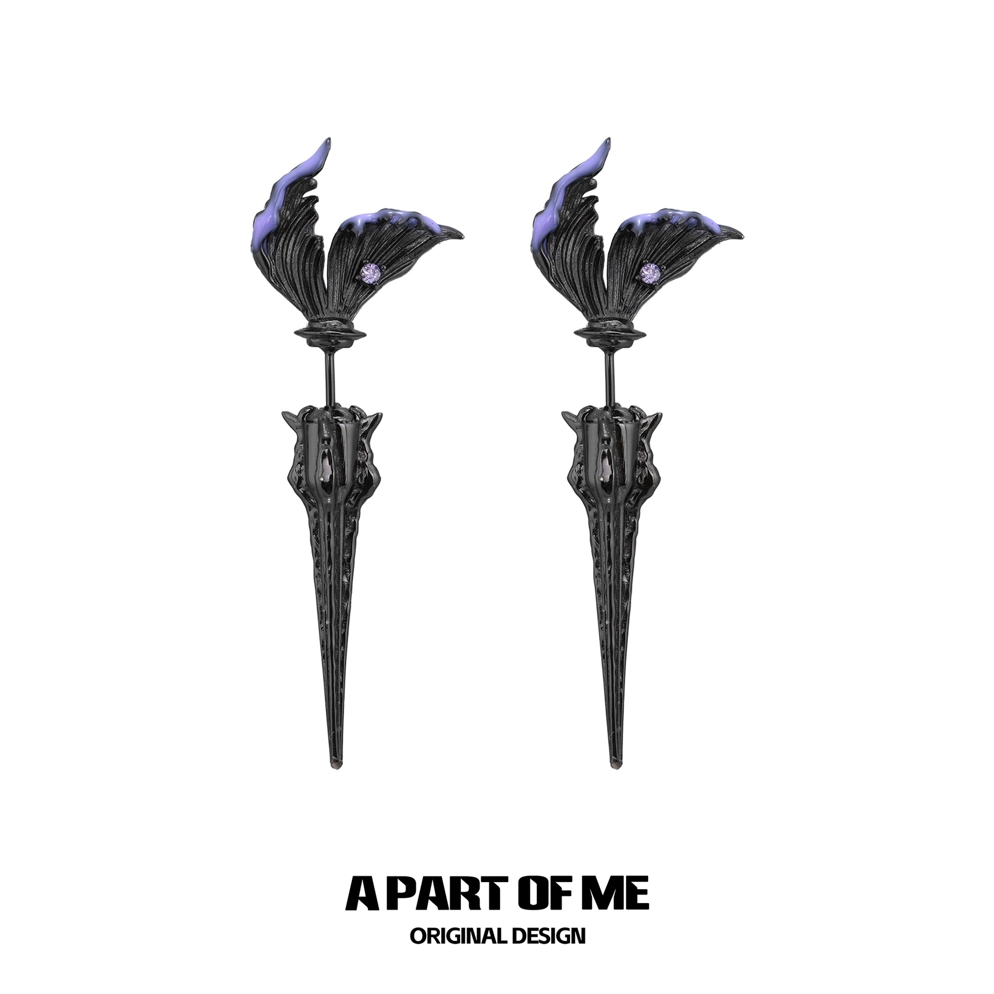 A PART OF ME fishtail dart sword earrings with intricate black and purple design for a bold statement.