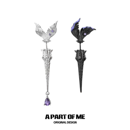 A PART OF ME fishtail dart sword earrings in silver with decorative details and purple accents