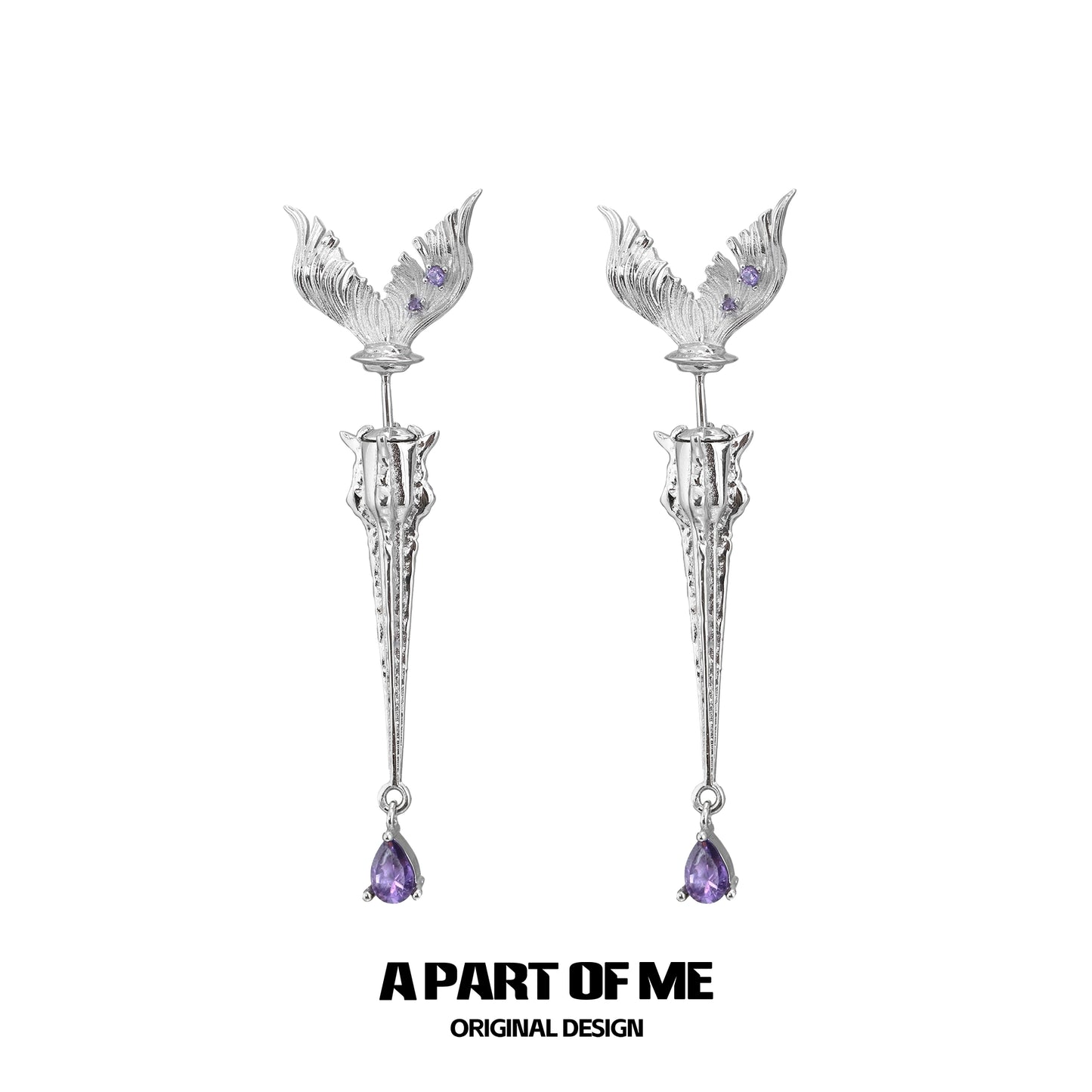 A PART OF ME fishtail dart sword earrings featuring intricate design and amethyst accents