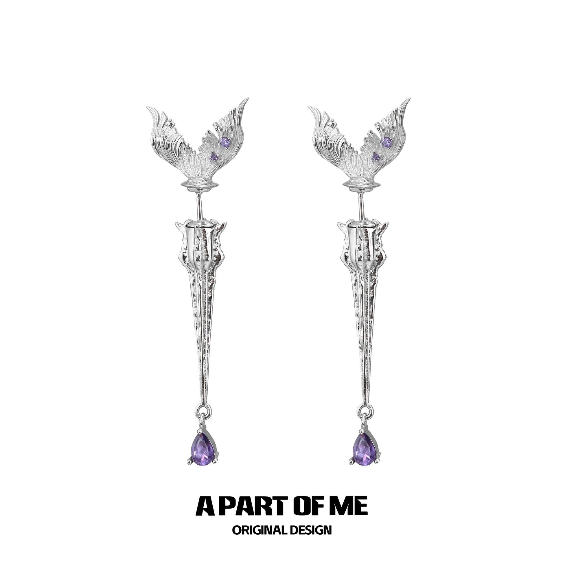 A PART OF ME fishtail dart sword earrings featuring intricate design and amethyst accents