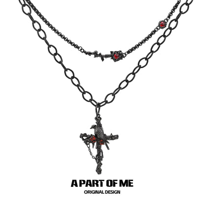 A PART OF ME Gothic Raven Necklace with Black Chains and Dark Red Accents for a Unique Style