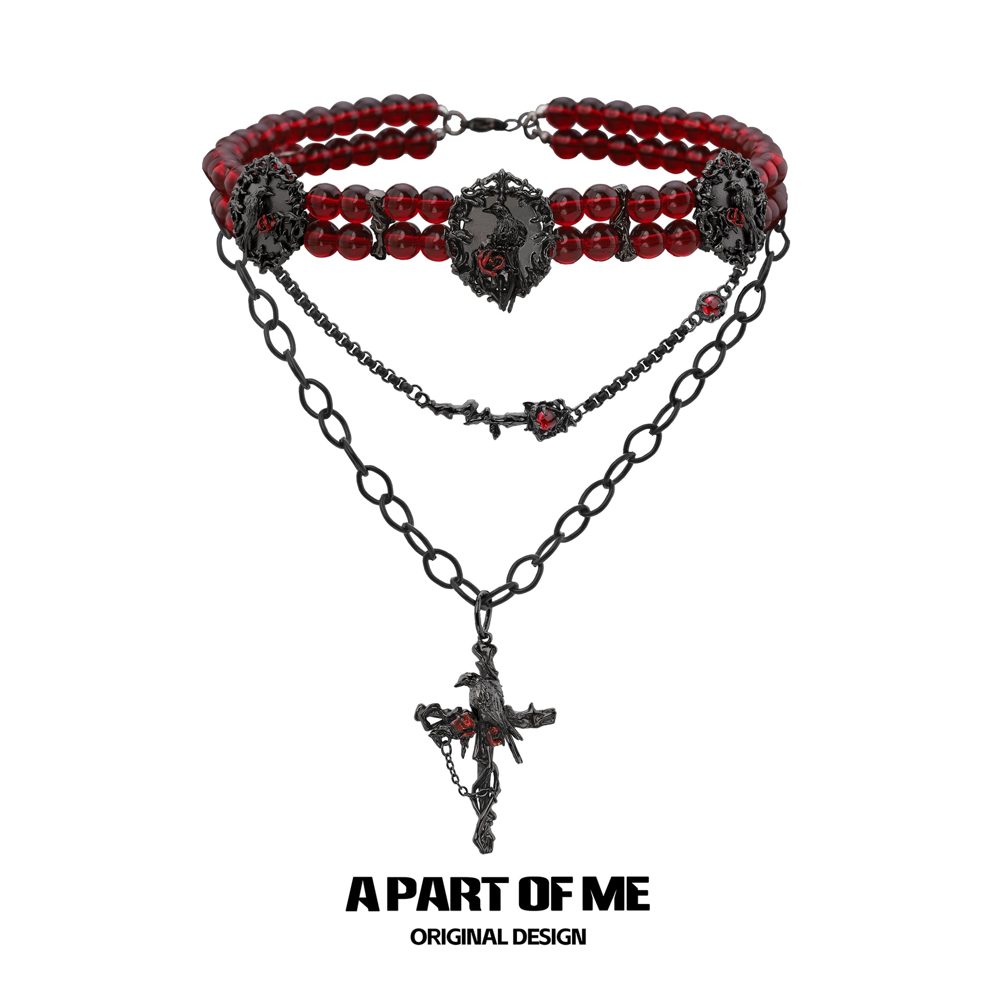 Gothic raven necklace by A PART OF ME with red beads and intricate black detailing