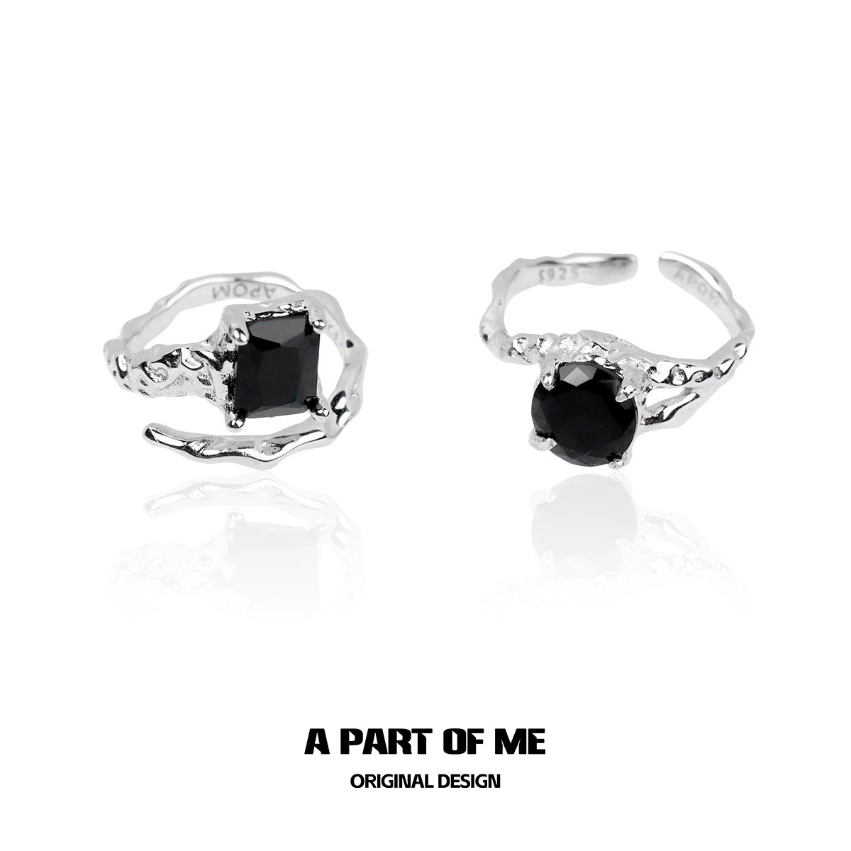Midnight gem couple rings in silver with unique twisted design and black gemstones