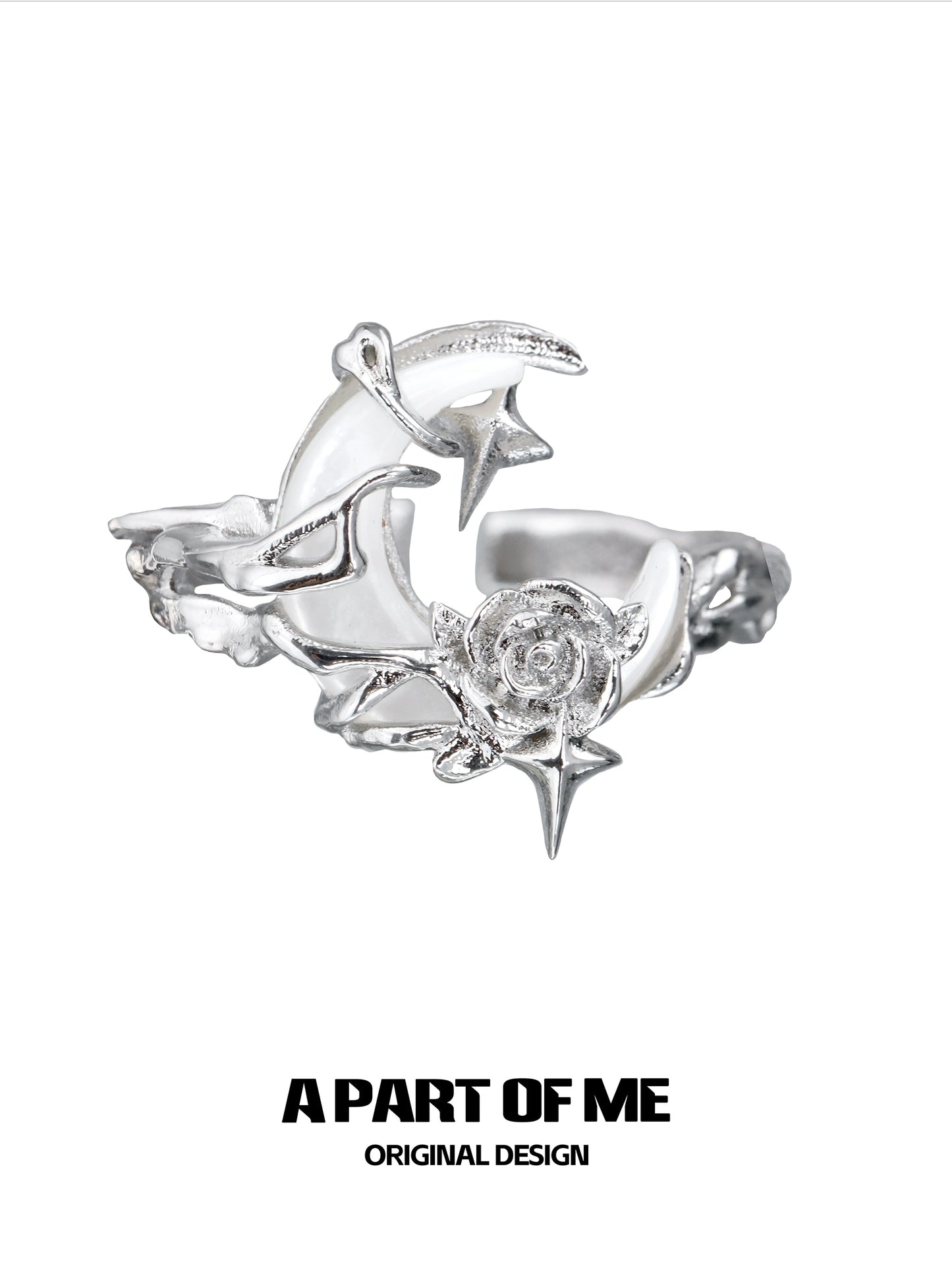 A beautiful moonlight rose silver ring featuring intricate star and rose designs