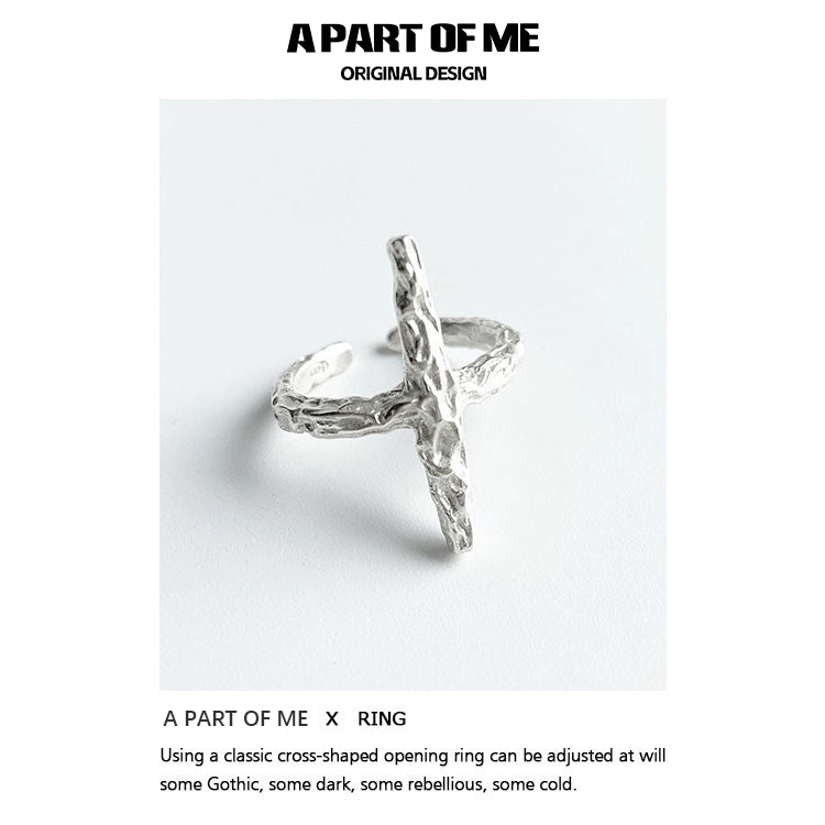 Redemption cross silver ring by A PART OF ME featuring an adjustable design and unique texture.
