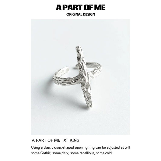 Redemption cross silver ring by A PART OF ME featuring an adjustable design and unique texture.