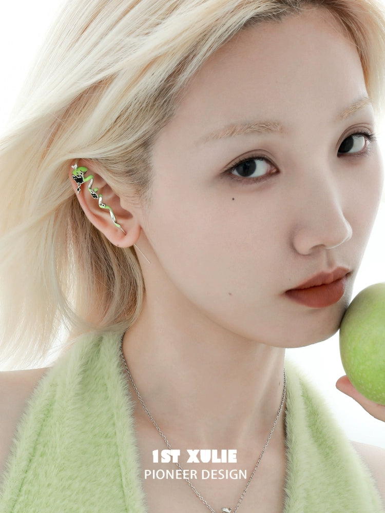 1ST XULIE Apple Cat Dog Ear Piercing Jewelry on Model with Silver Snake Design and Green Apple