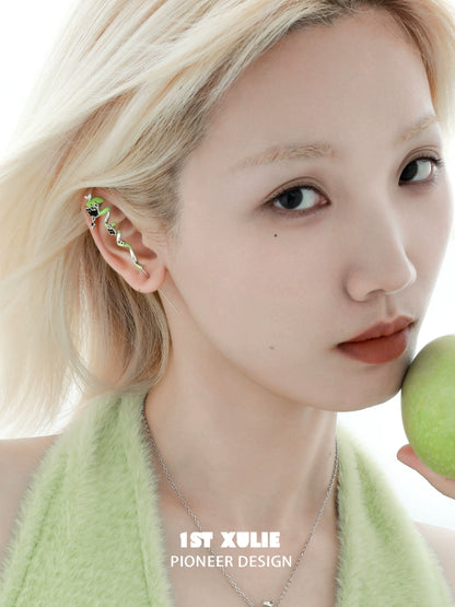 1ST XULIE Apple Cat Dog Ear Piercing Jewelry on Model with Silver Snake Design and Green Apple