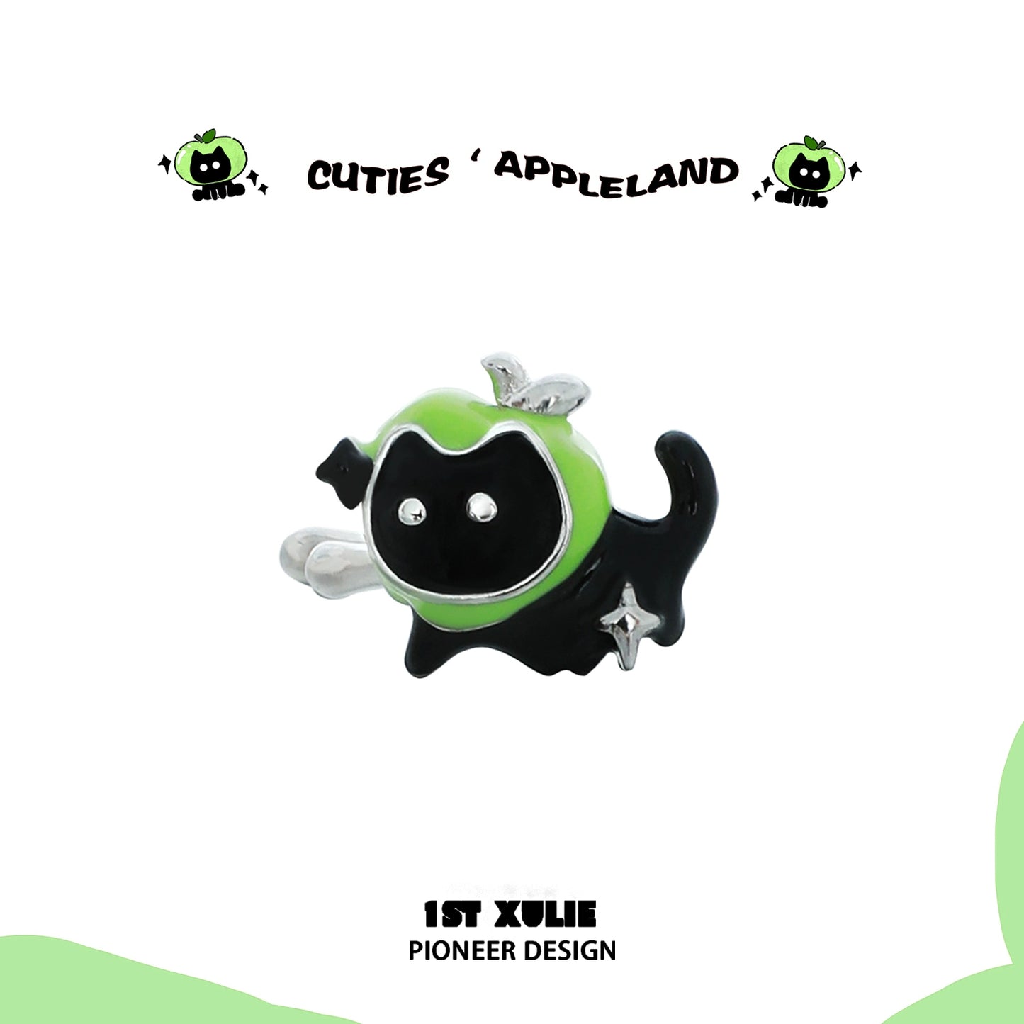 Playful black cat wearing colorful apple ear cuffs for pets by 1ST XULIE