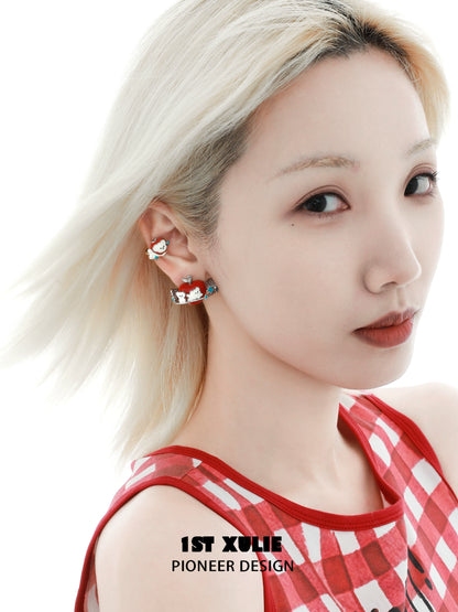 Stylish 1STXULIE apple ear cuffs for pets with colorful designs displayed on a model