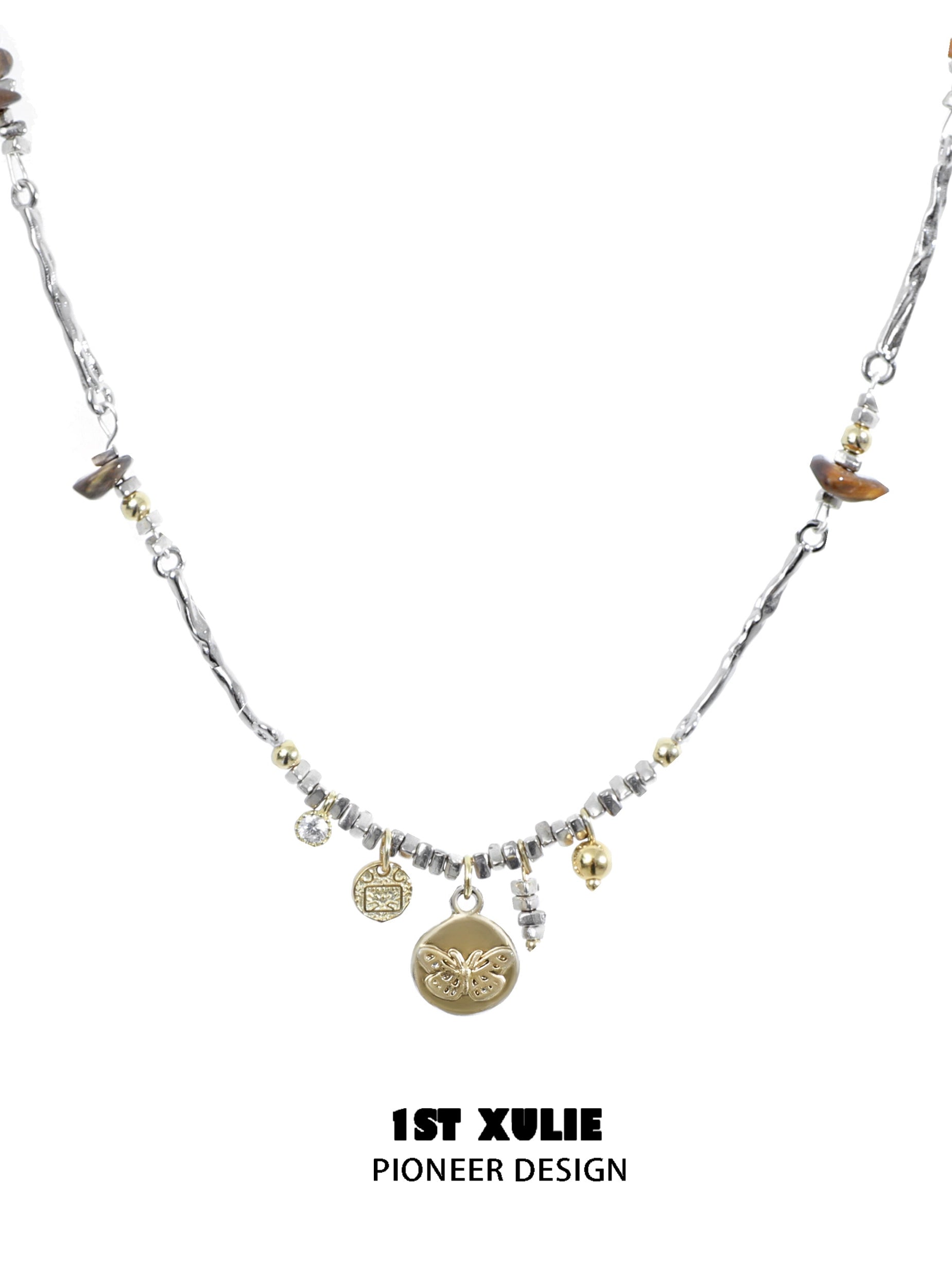 Autumn butterfly pendant necklace with decorative charms and mixed materials for a stylish look