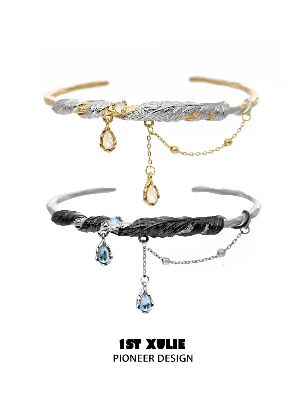 Stylish black and gold feather couple bracelet featuring elegant design and dangling gemstones
