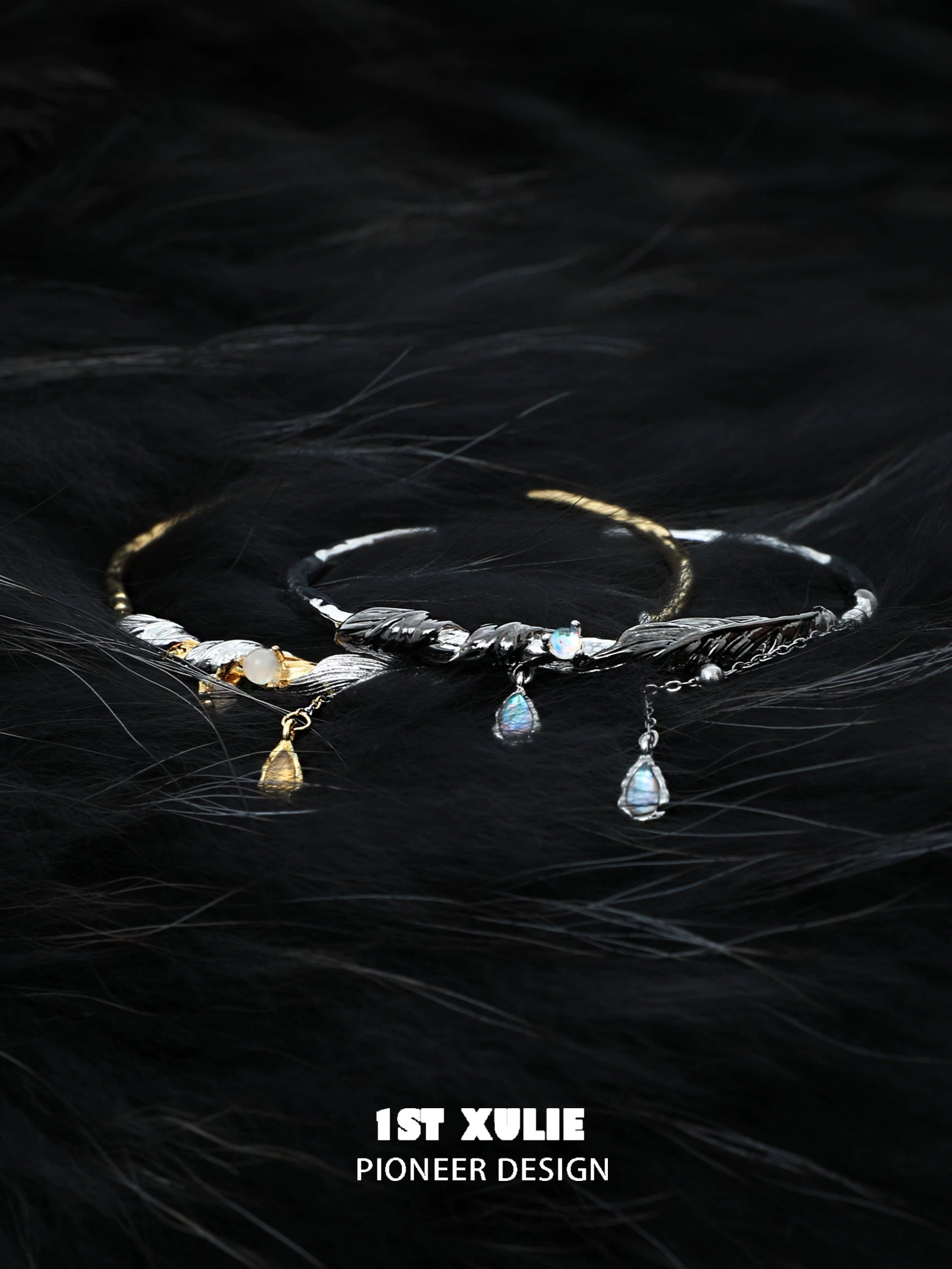 Black and gold feather couple bracelet with delicate design and sparkling charms for couples