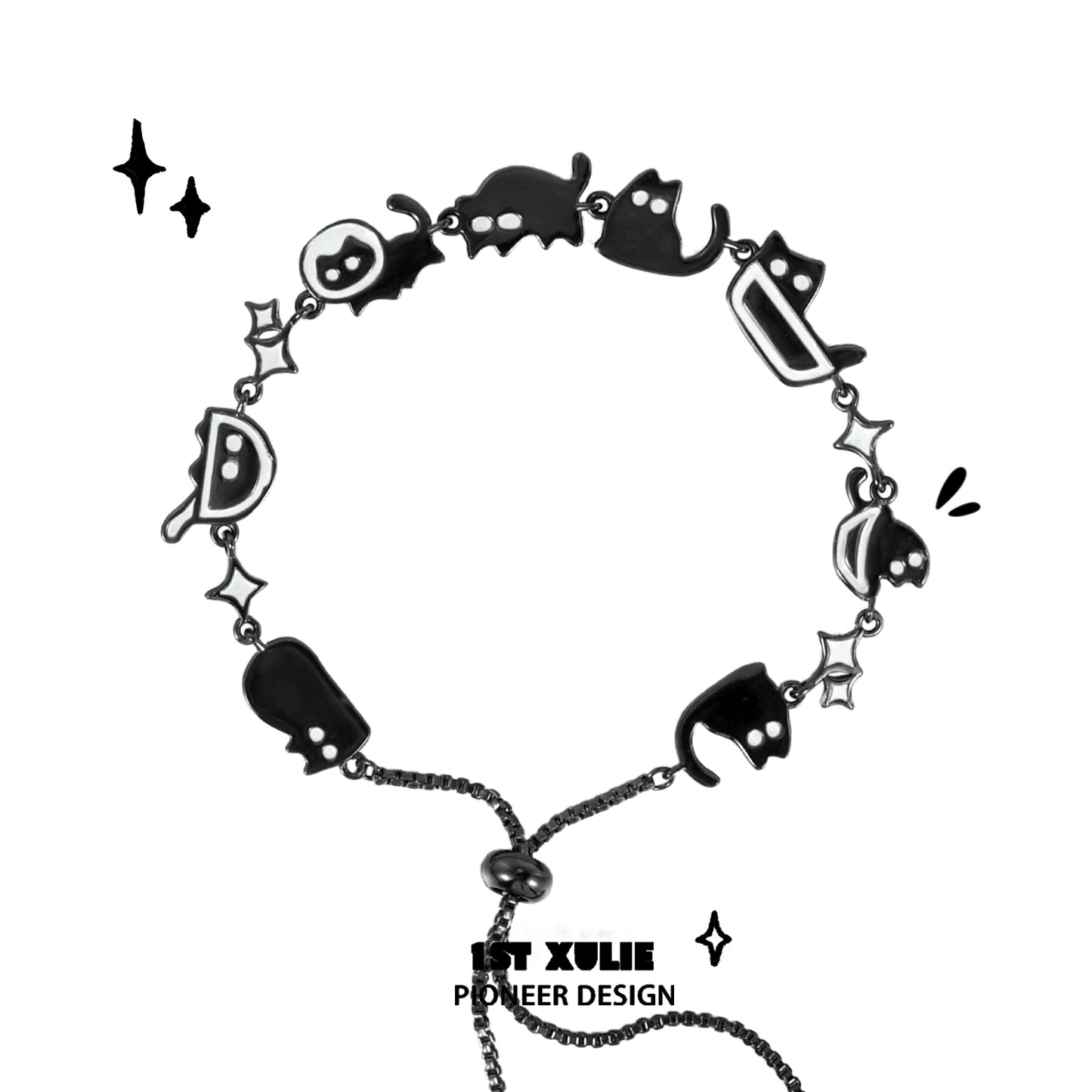 Trendy black cat bracelet featuring playful cat shapes and star designs for cat lovers