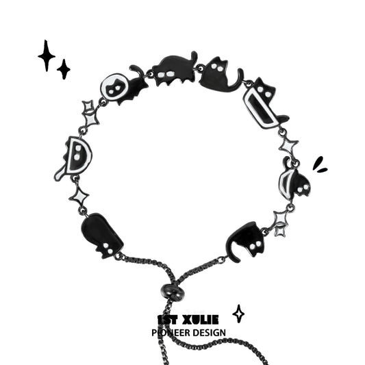 Trendy black cat bracelet featuring playful cat shapes and star designs for cat lovers