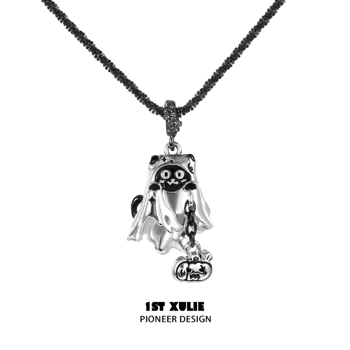 1ST XULIE black cat ghost necklace with a playful design featuring a cat in a ghost costume