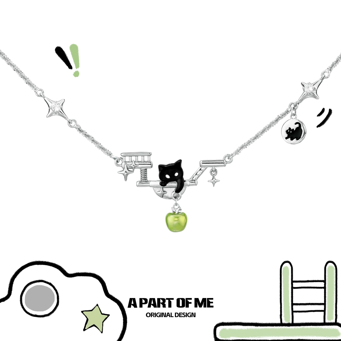 Stylish black cat necklace by A PART OF ME featuring a unique design with star and apple charms